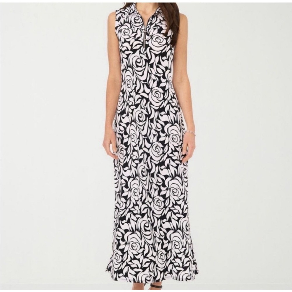 MSK New Floral Long Dress LARGE Black White Sleeveless Zip Front Ring 93040314H